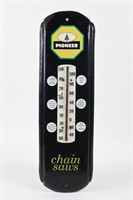1965 PIONEER CHAIN SAWS PAINTED METAL THERMOMETER