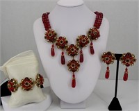 Unique Vintage Chic Red Necklace, Bracelet & Ear