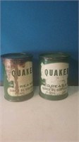 Pair of green and white Quaker grease cans with