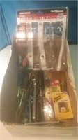 Box of miscellaneous hand tools and a new r