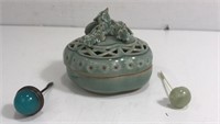 Celadon Trinket Box And 2 Jade Snuff Stoppers