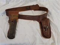 Tooled Leather Belt with Gun Holster