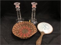 Glass Candle Stick Holders, Basket