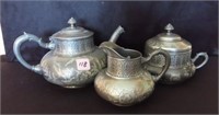 TEA POT, CREAMER, AND BUTTER MADE BY JAMES W