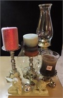 ASSORTMENT: OIL LAMP, CANDLE HOLDERS, AND ANGEL