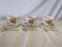 3 Royal Albert Teacups, Saucers. w/ Spoons