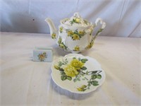Mixed Lot Yellow Rose Dishes Teapot is 6" T