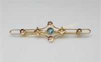 14K Yellow gold seed pearl brooch with blue stone