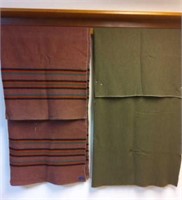 2) Wool Blankets; Army Green & Maroon w/strips