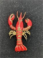 Rare- Vintage Brass Enamel Lobster Brooch with