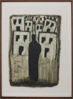 Illegibly Signed "Figure & Buildings" Oil on Paper
