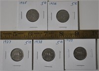 1935 thru 1939 Canada 5 cent coins