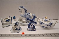 Assortment of blue and white collectible figures