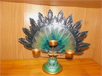GLASS AND METAL PEACOCK CANDLE HOLDER; 13"H;