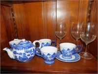 BLUE/WHITE TEA SET & WINE GLASSES