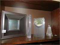 SQUARE MIRROR, CRYSTAL CANDLE HOLDER, LUCITE