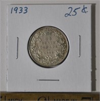 1933 silver Canada 25 cent coin