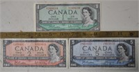 1954 Canada  $1, $2, $5 bank notes