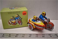 Wind up tin toy - Racing motorcycle with sidecar