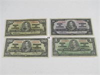 TRAY: FOUR 1937 BANK OF CANADA BANK NOTES