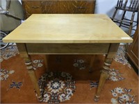 ANTIQUE TURNED LEG WOODEN TABLE, NEWER TOP