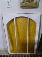 ARCHED TOP WOODEN WINDOW PANEL W/YELLOW GLASS