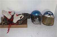 2 HELMETS AND 3 PAIRS OF ICE SKATES