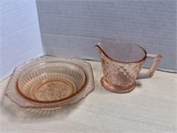 Pink Glass Creamer And Bowl