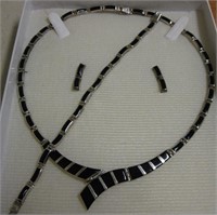 Silver & Blk Onyx Necklace Earrings & Bracelet