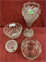 4 unmatched pattern glass items. Vase 12.5”,