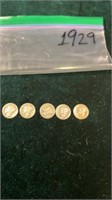 Lot of 1929 Silver Mercury Dimes (5)