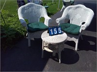2 WHITE WICKER CHAIRS & TABLE
