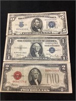 Blue Seal Silver Certificate $5 & $1, Red Seal $2