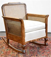ANTIQUE WALNUT CANED ROCKING CHAIR