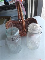 BASKET & 2 VINTAGE QUART JARS