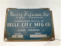 Harry Ferguson Belle City Mfg Serial Tag