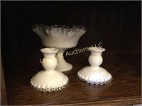 Fenton footed ruffled edge dish pr candle holders