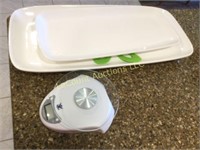 2 long serving platters and kitchen scale