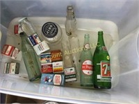 vintage soda bottles spice tins in nice tote