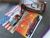 2 tin Chevrolet signs Chevy model car new in box