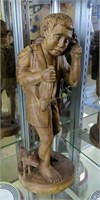 Carved Wooden Figurine Boy With Bird And Dog