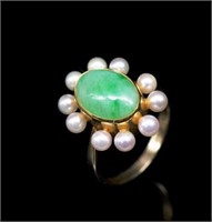 Vintage jade, pearl and yellow gold ring