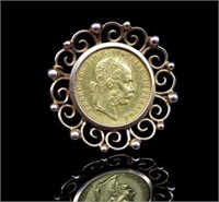 Franz Joseph 1915 gold ducat coin set brooch