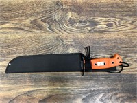 Heavy Bolo knife with orange handle, nylon sheath,
