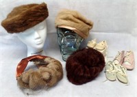 4 Vintage Mink Hats & Baby Shoes