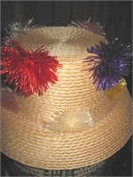 Vtg Italy Woman's Straw Hat w/ Pom Pom's