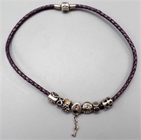 Pandora Purple Braided Leather Bracelet & Charms