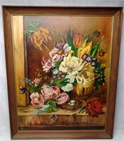 1966 Signed AK Oil on Board Floral Art 3' x 3'8"