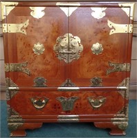 Teak and Burl Wood Chinese Campaign Cabinet Stand