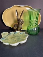 Brass bunny, Art glass dish, CA Pottery & Vase